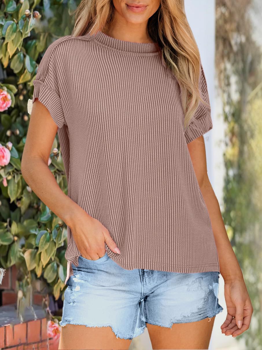 Textured Rib Round Neck Short Sleeve Top - Khaki