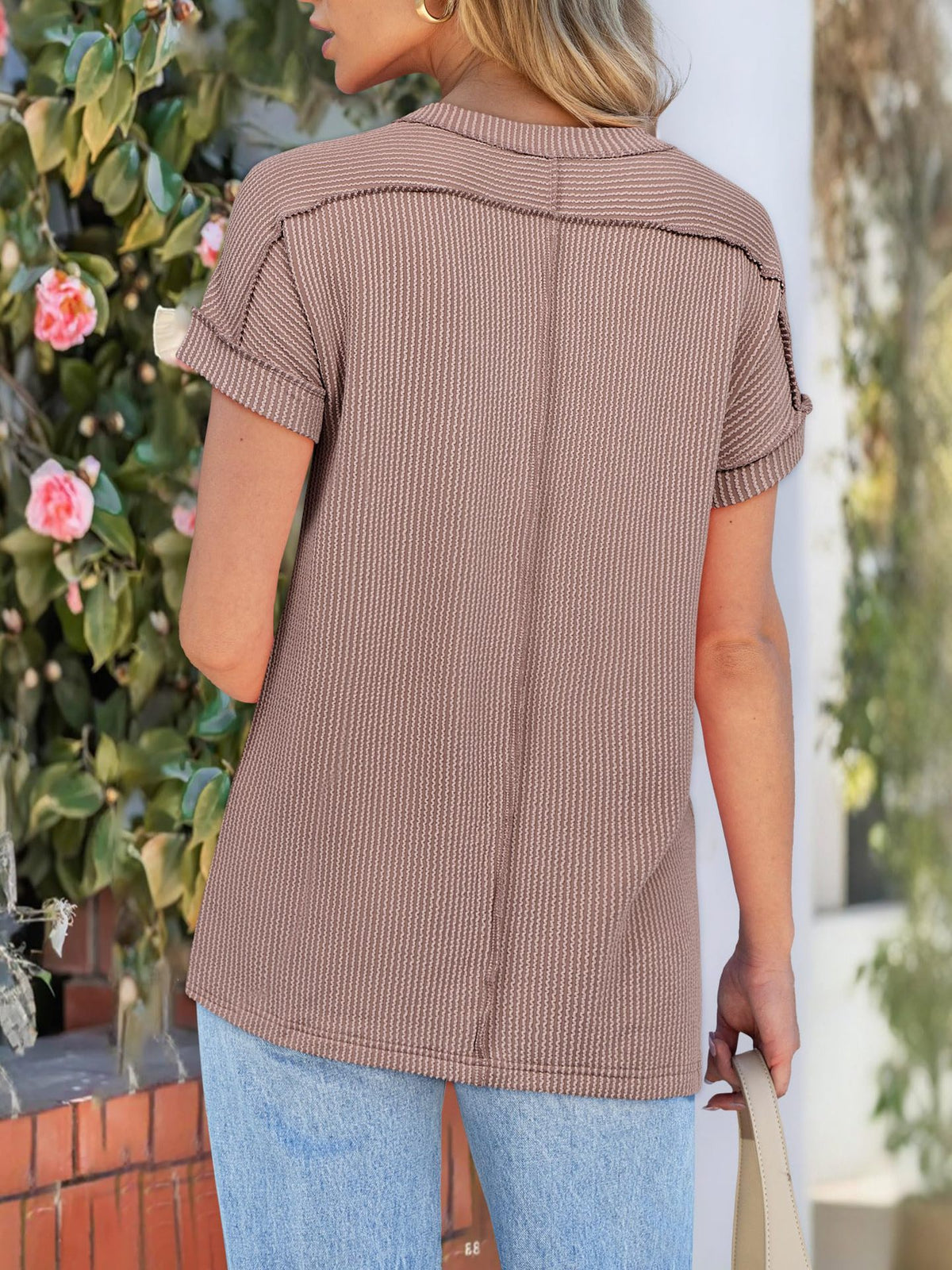 Textured Rib Round Neck Short Sleeve Top - Khaki - 1