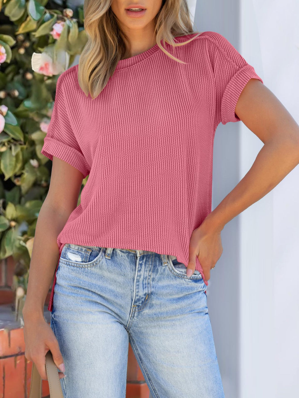 Textured Rib Round Neck Short Sleeve Top - Pink