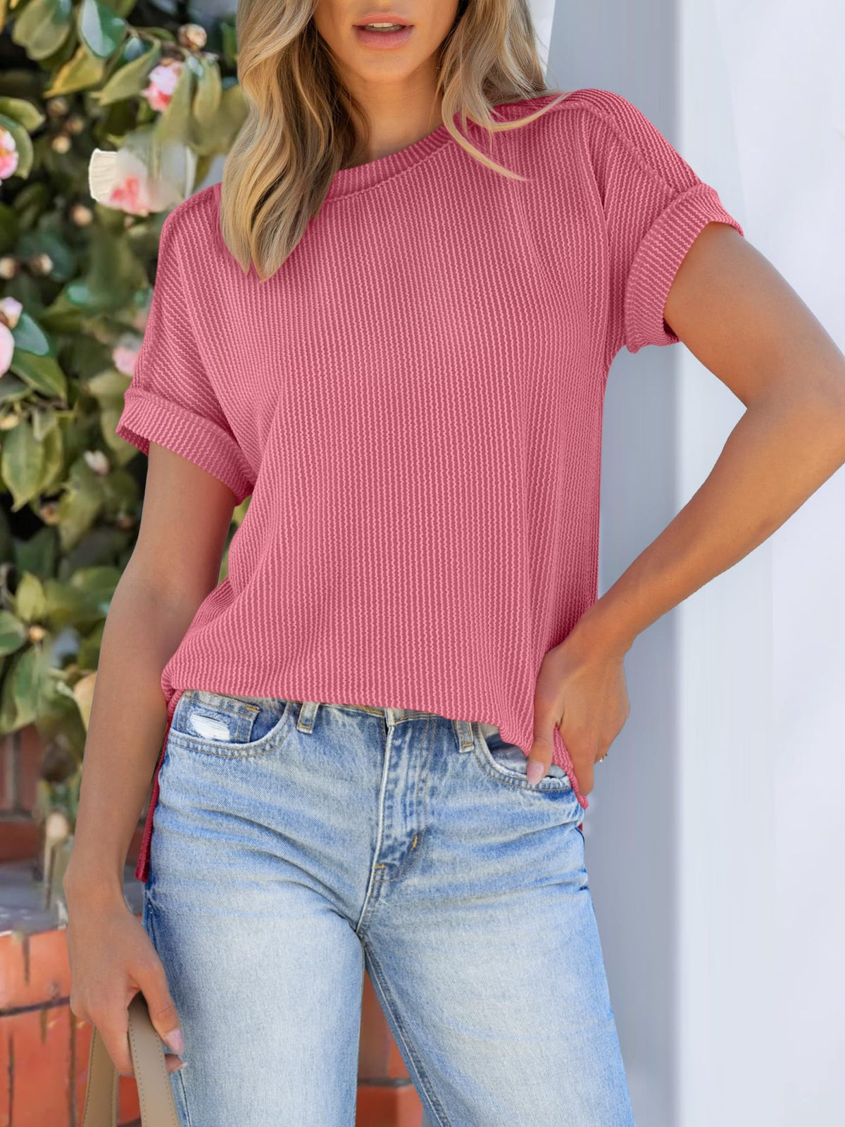 Textured Rib Round Neck Short Sleeve Top - Pink