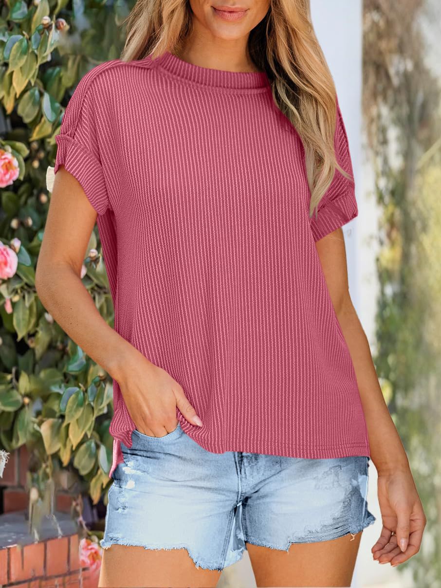 Textured Rib Round Neck Short Sleeve Top - Pink - 1
