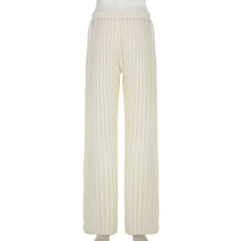 Textured Knit Wide Leg Beach Pants - White - 2