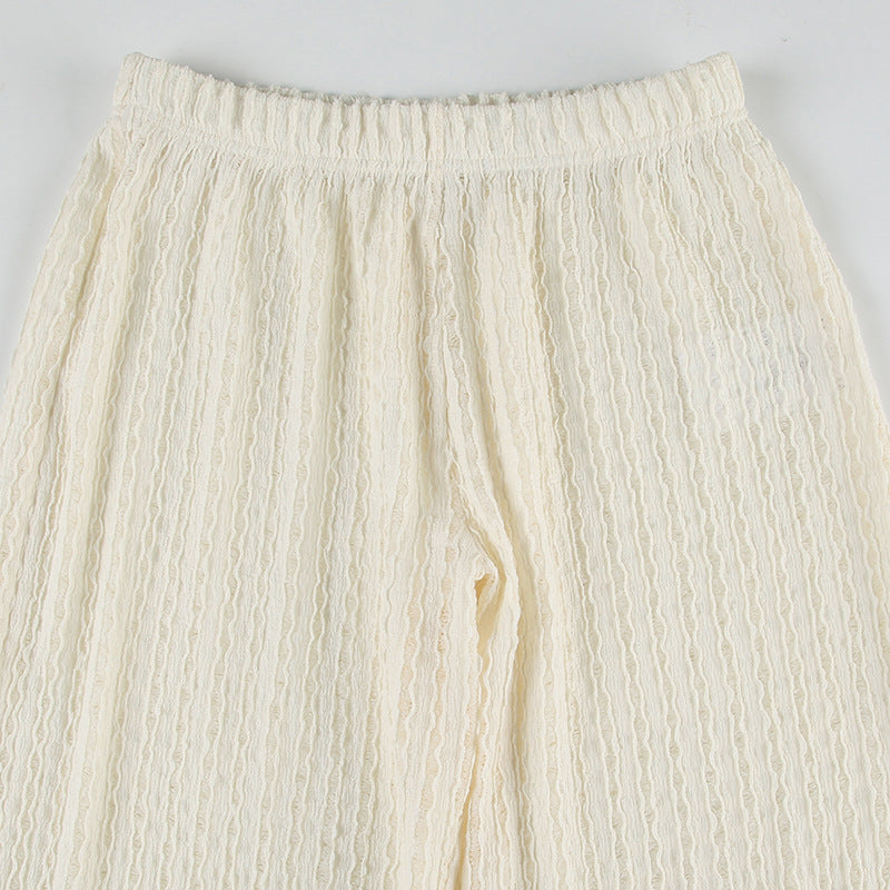 Textured Knit Wide Leg Beach Pants - White - 3