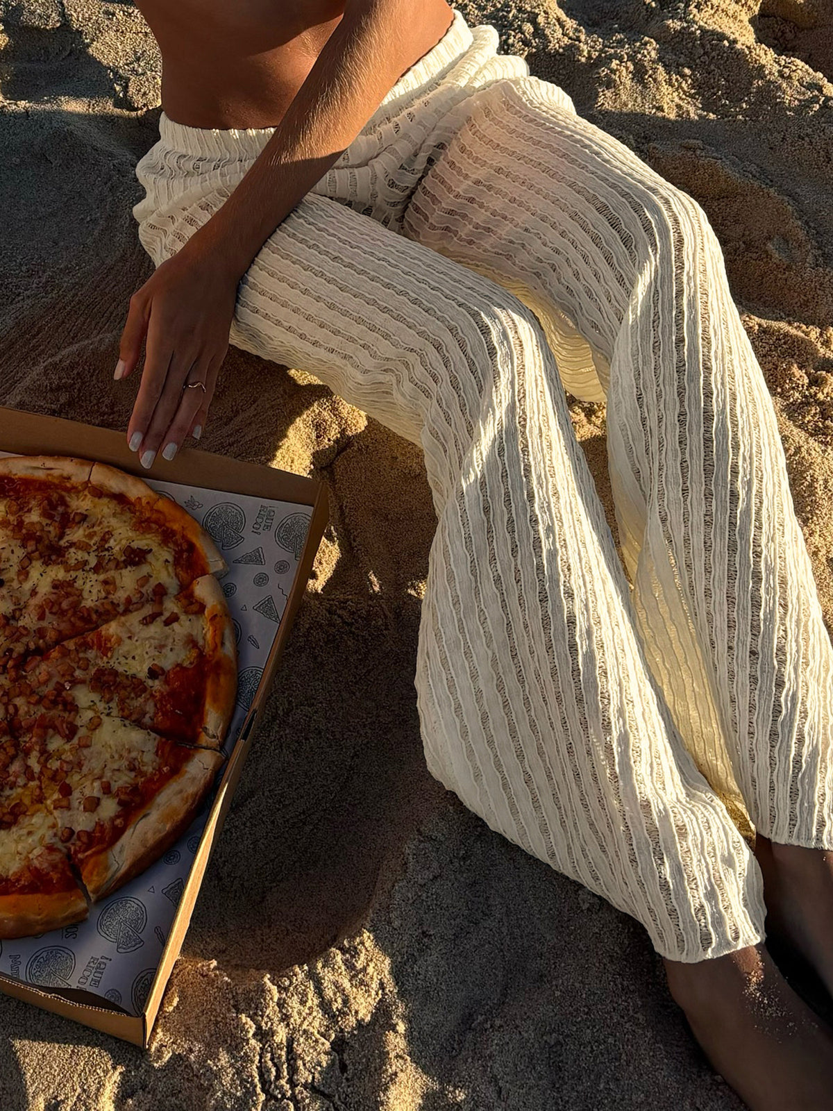 Textured Knit Wide Leg Beach Pants - White - 5