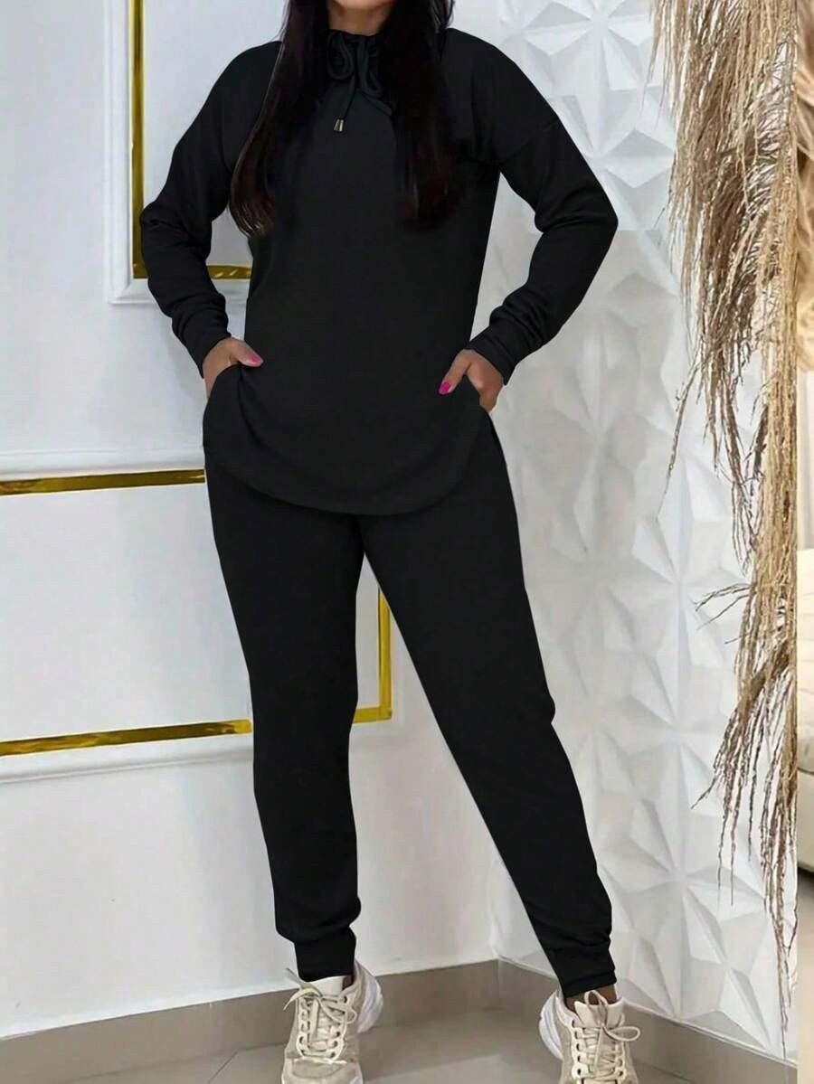 Curved Hem Hooded Tunic and Jogger Athletic Set - Black