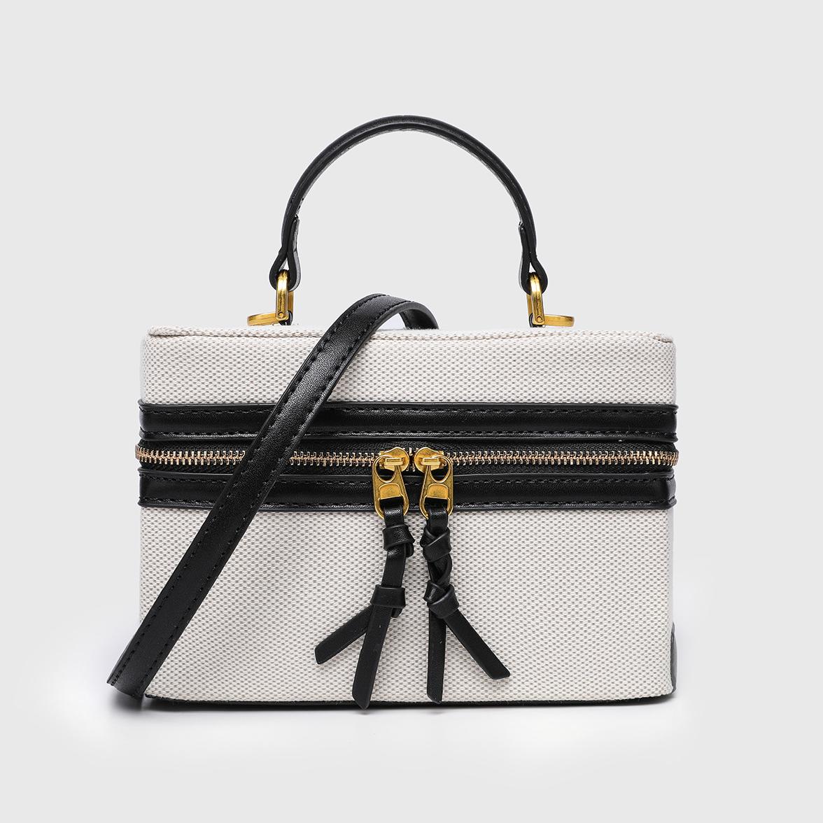 Structured Two-Tone Canvas Box Bag with Top Handle - Black