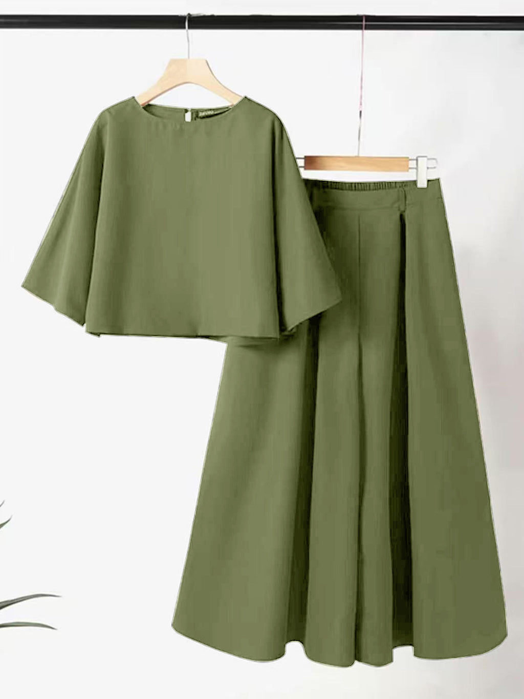 Bell Sleeve Boxy Top and Palazzo Pants Set - ArmyGreen