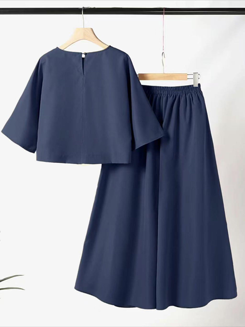 Bell Sleeve Boxy Top and Palazzo Pants Set - NavyBlue