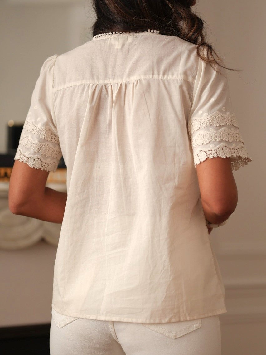 Eyelet Lace Trim Short Sleeve Blouse - Beige - 2