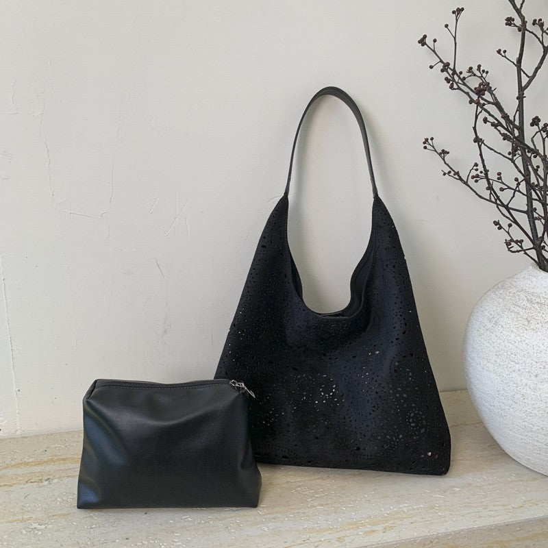 Laser Cut Faux Suede Hobo Bag with Pouch - Black
