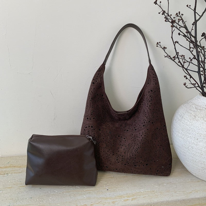 Laser Cut Faux Suede Hobo Bag with Pouch - Chocolate