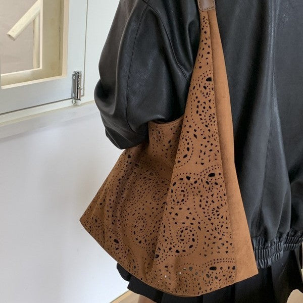 Laser Cut Faux Suede Hobo Bag with Pouch