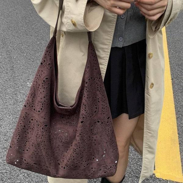 Laser Cut Faux Suede Hobo Bag with Pouch