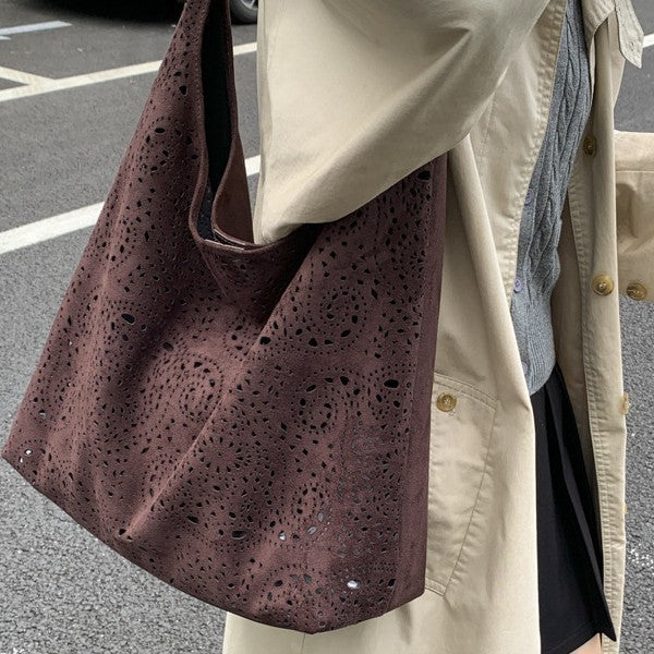 Laser Cut Faux Suede Hobo Bag with Pouch