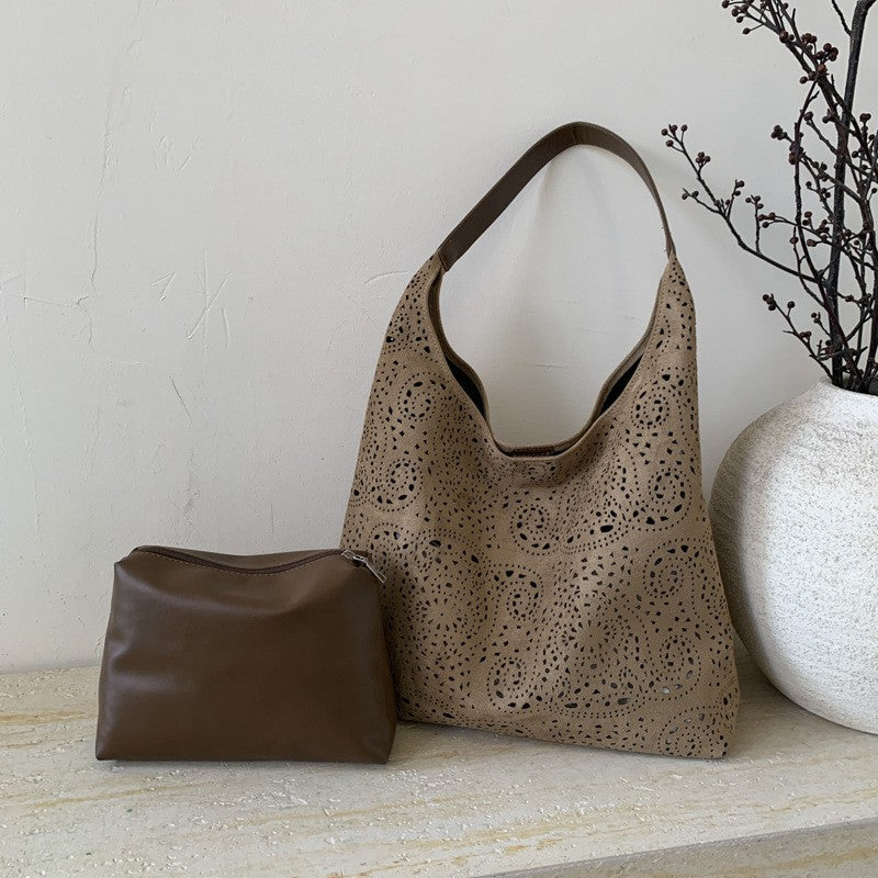 Laser Cut Faux Suede Hobo Bag with Pouch