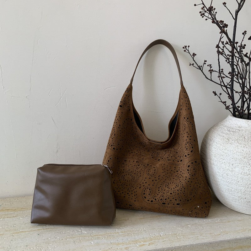 Laser Cut Faux Suede Hobo Bag with Pouch