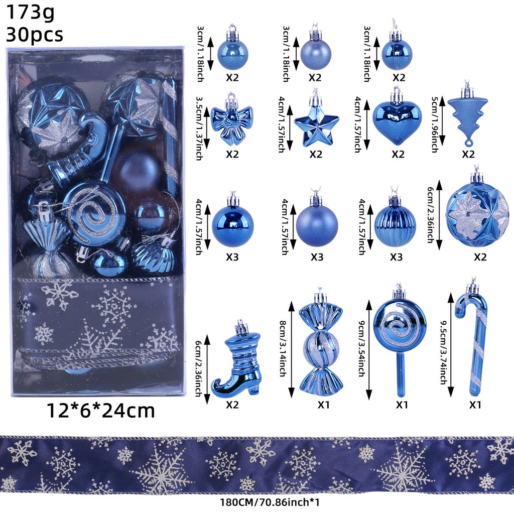 30 Piece Christmas Ornament Set With Snowflake Ribbon - Blue