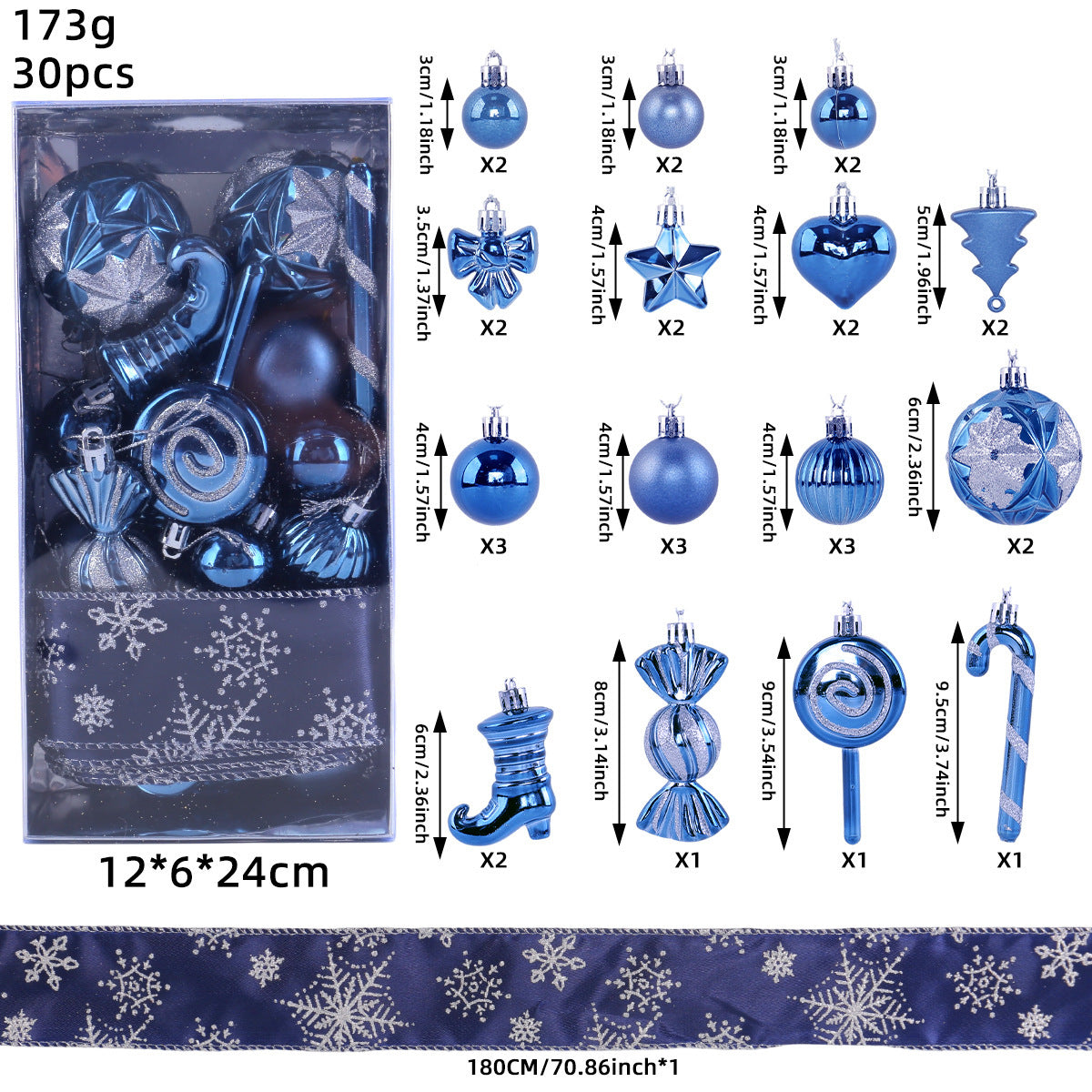 30 Piece Christmas Ornament Set With Snowflake Ribbon - Blue