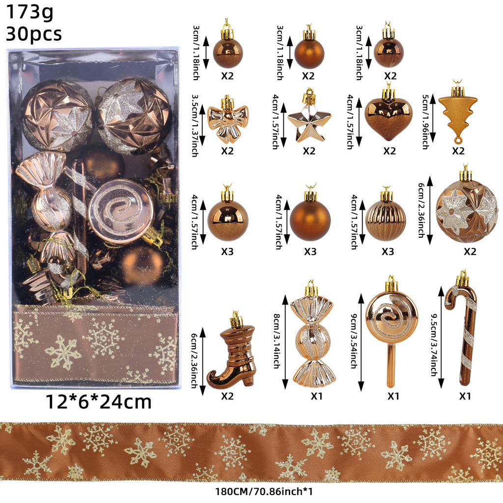 30 Piece Christmas Ornament Set With Snowflake Ribbon - Coffee