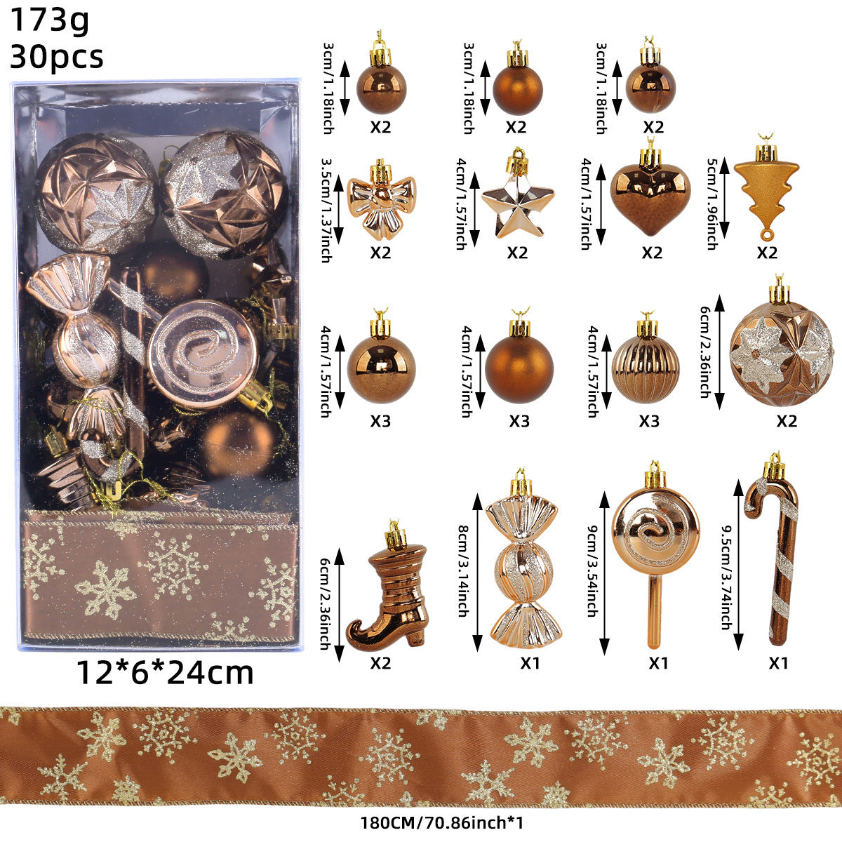 30 Piece Christmas Ornament Set With Snowflake Ribbon - Coffee