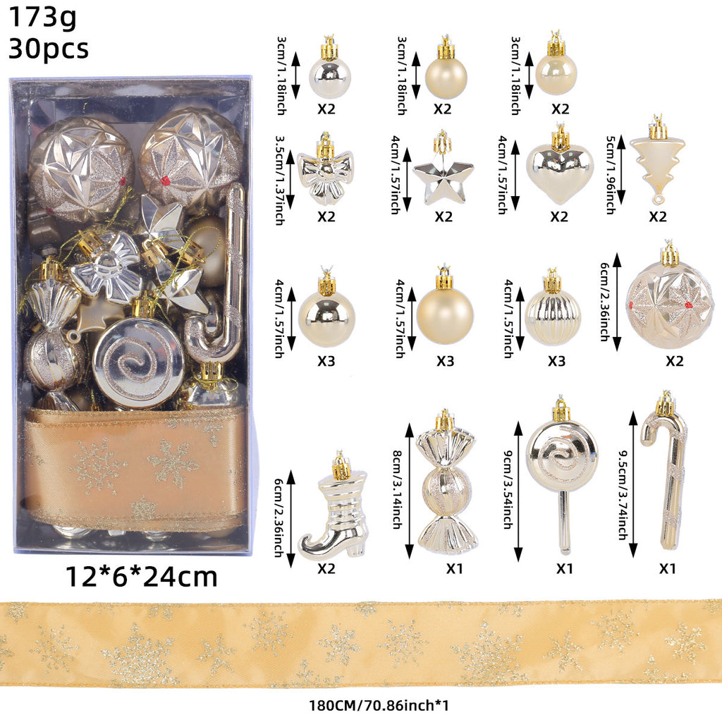 30 Piece Christmas Ornament Set With Snowflake Ribbon - Gold