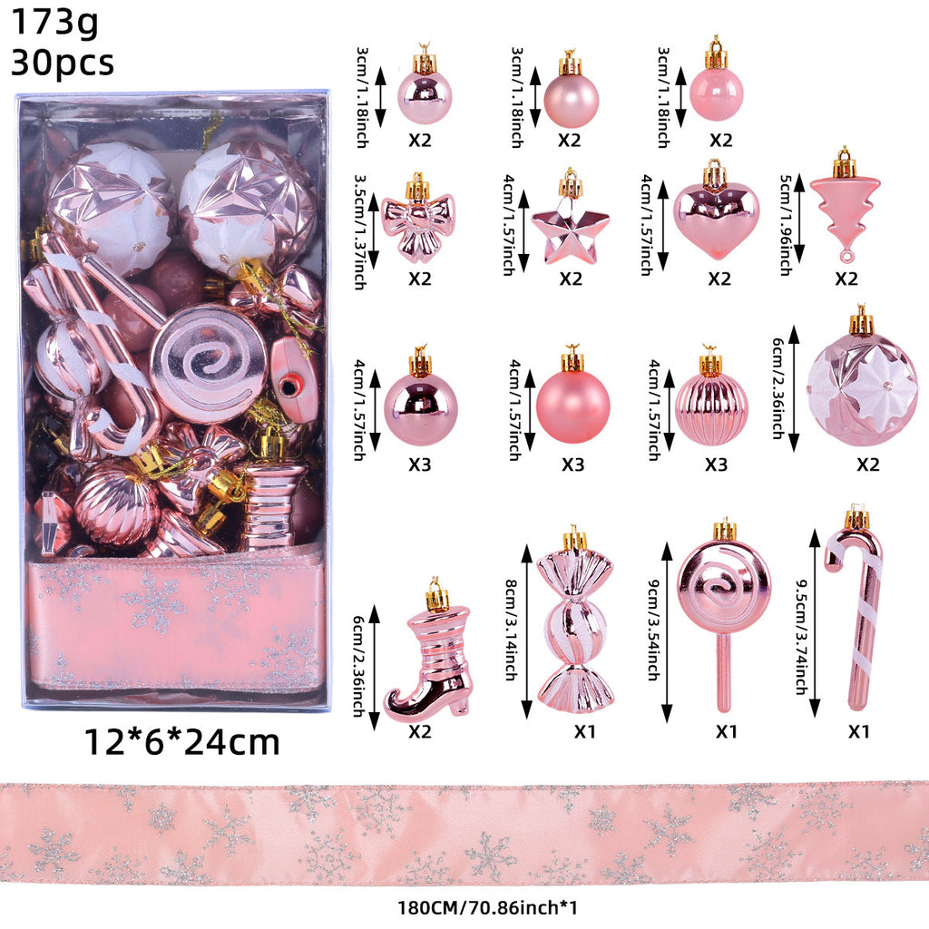 30 Piece Christmas Ornament Set With Snowflake Ribbon - Pink