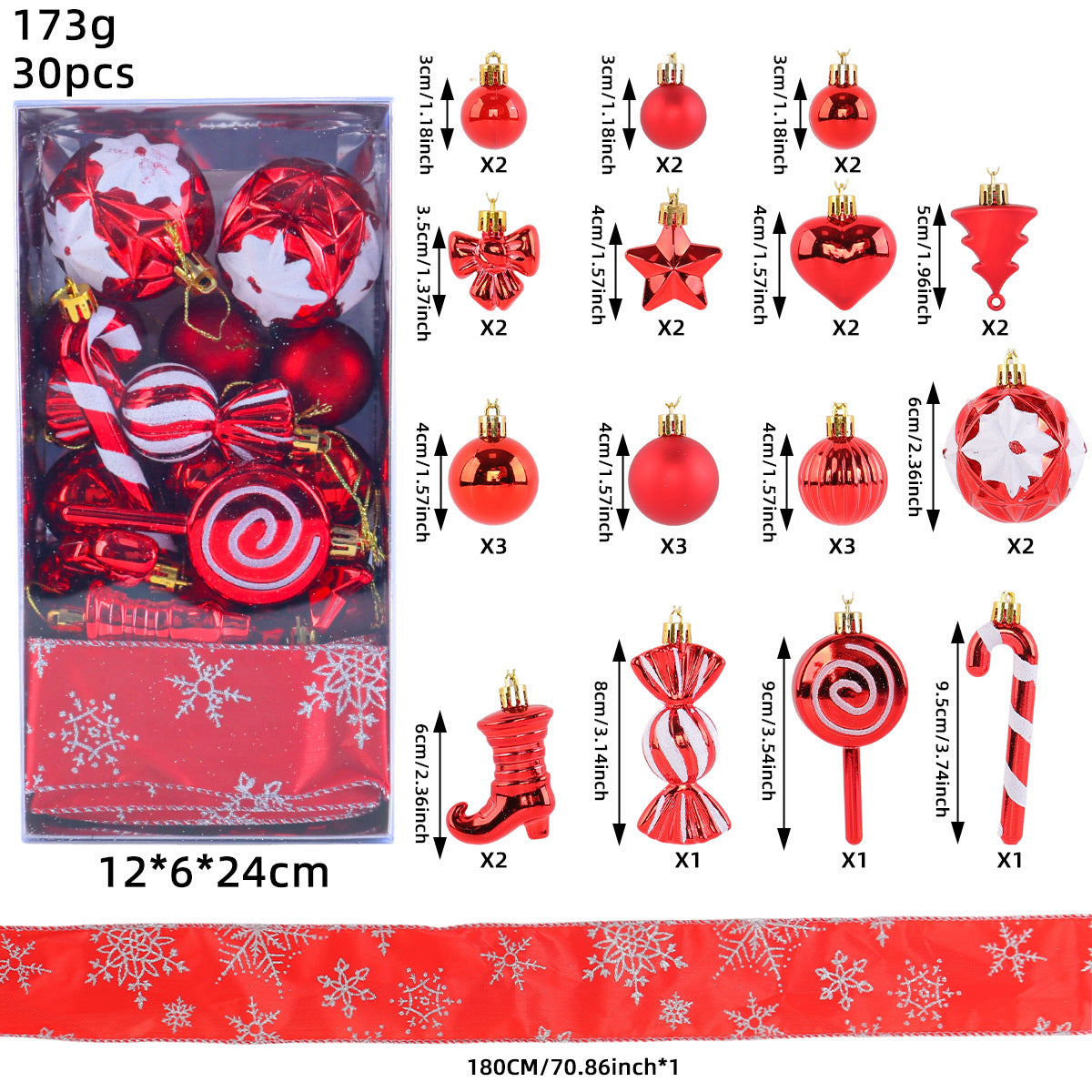 30 Piece Christmas Ornament Set With Snowflake Ribbon - Red