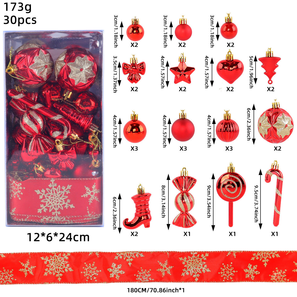 30 Piece Christmas Ornament Set With Snowflake Ribbon - Redgold