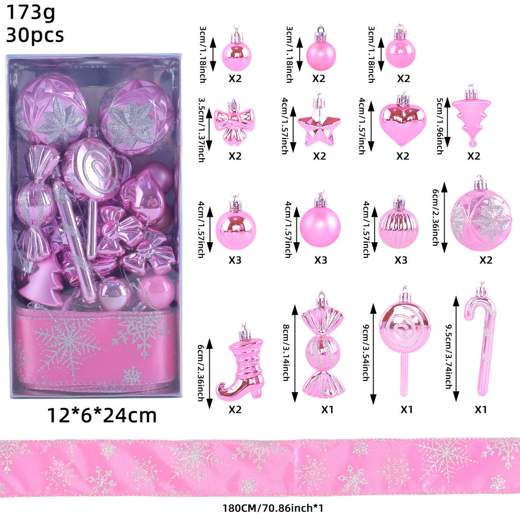 30 Piece Christmas Ornament Set With Snowflake Ribbon - Rosered