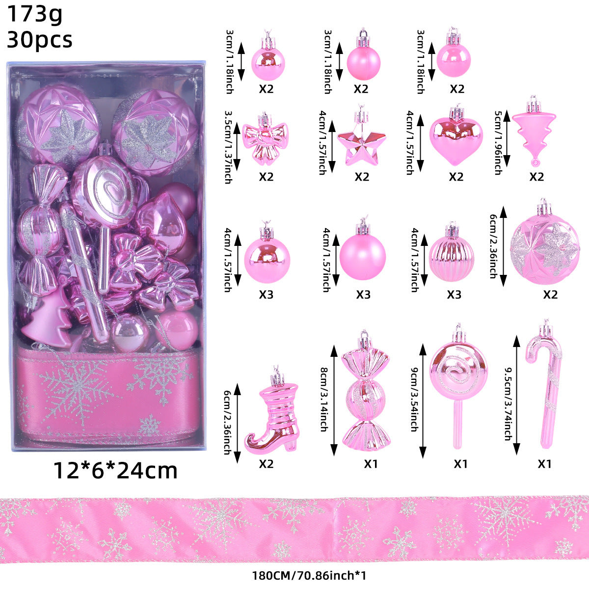 30 Piece Christmas Ornament Set With Snowflake Ribbon - Rosered