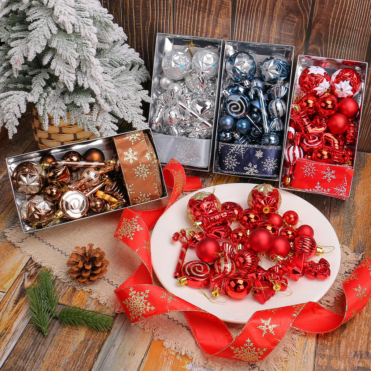 30 Piece Christmas Ornament Set With Snowflake Ribbon - Silvery