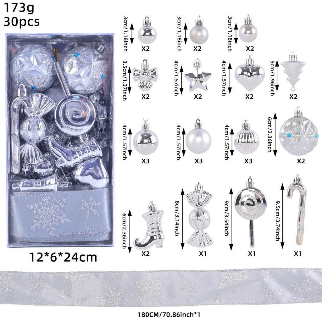 30 Piece Christmas Ornament Set With Snowflake Ribbon - Silvery - 1