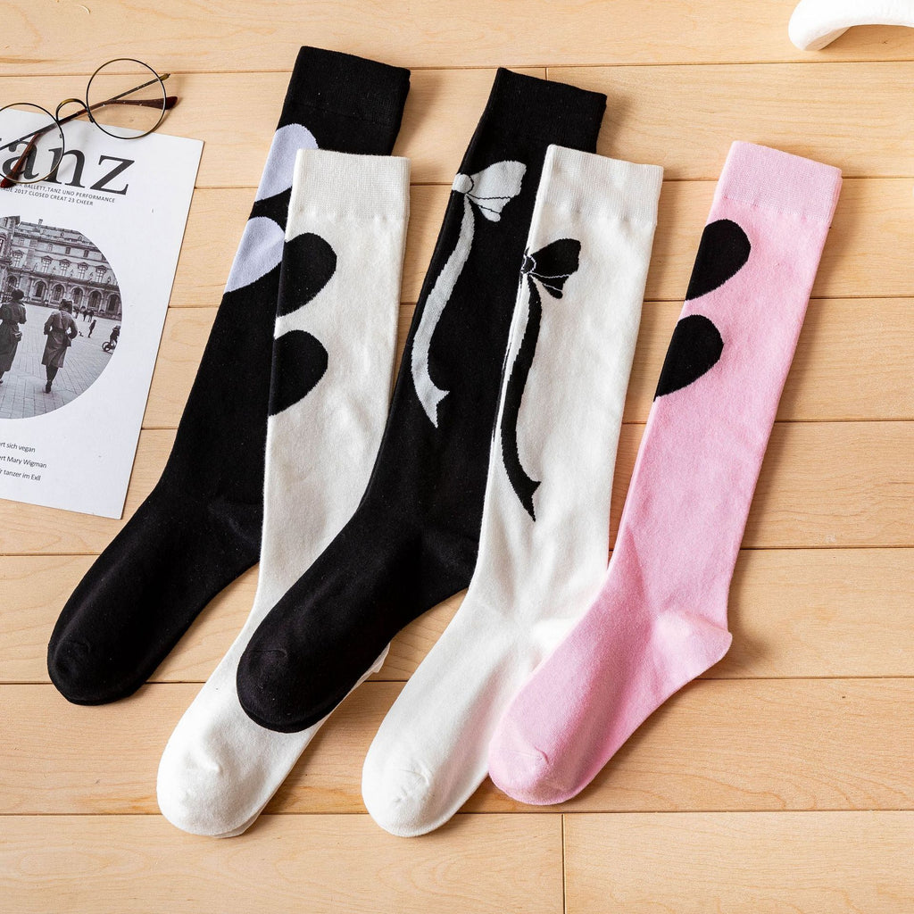Heart and Bow Motif Knee High Socks