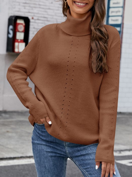 Pointelle Stripe Slouchy Turtleneck Sweater - Brown - 1