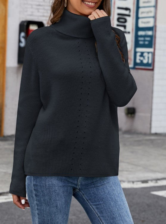 Pointelle Stripe Slouchy Turtleneck Sweater - Darkgrey - 1