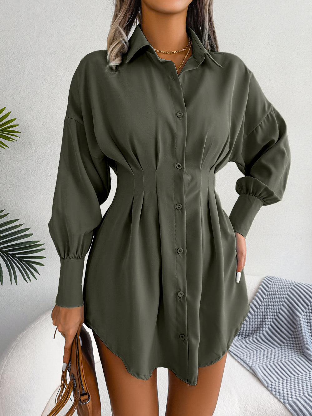 Pleated Waist Shirt Dress With Balloon Sleeves - Green