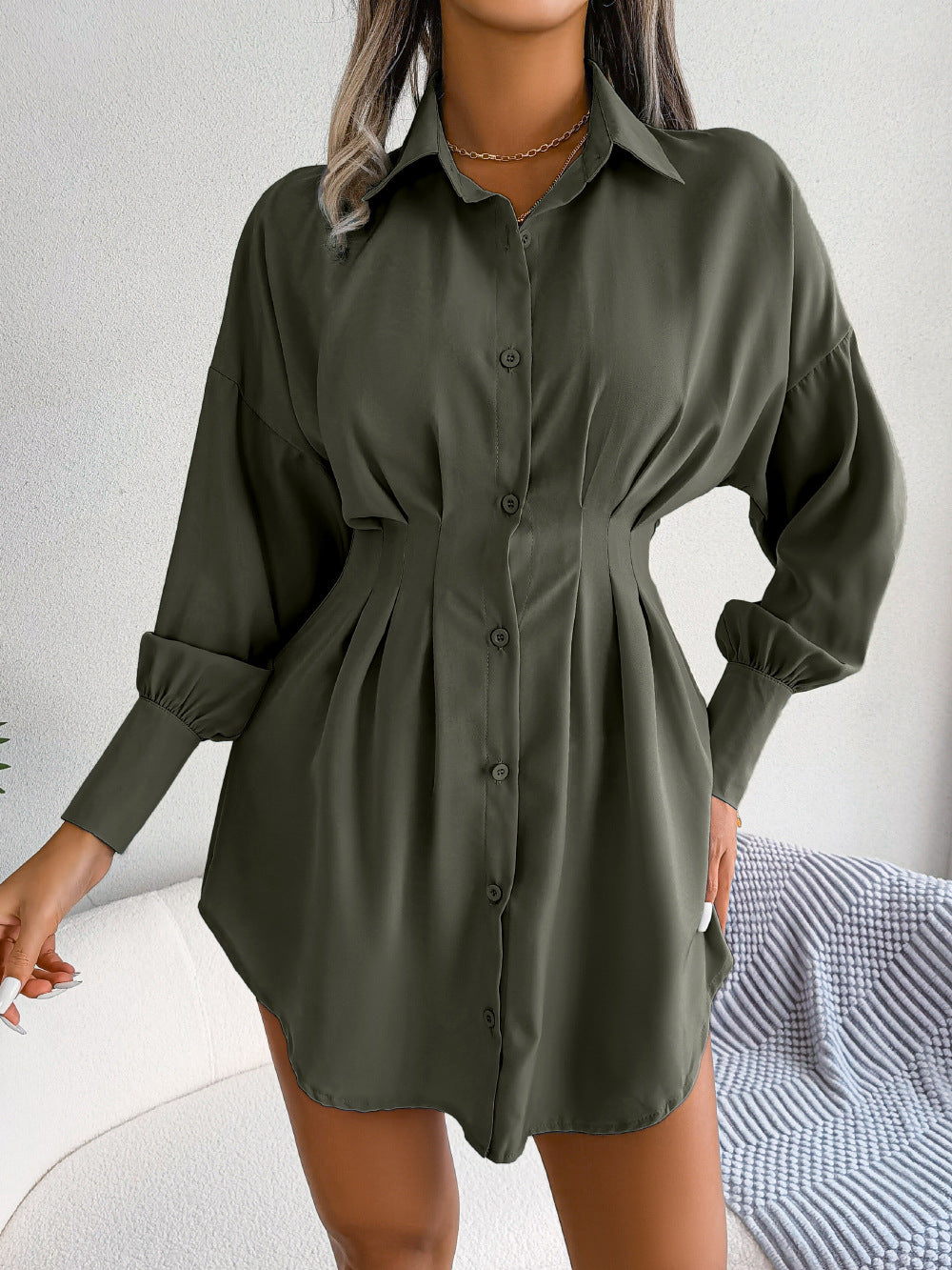 Pleated Waist Shirt Dress With Balloon Sleeves - Green - 1