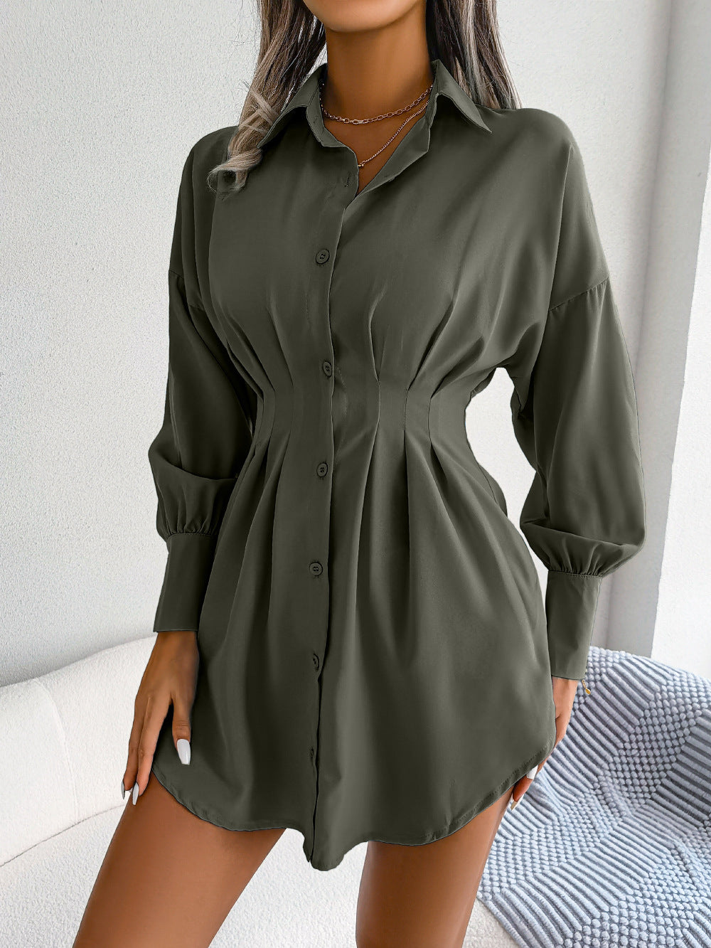 Pleated Waist Shirt Dress With Balloon Sleeves - Green - 2
