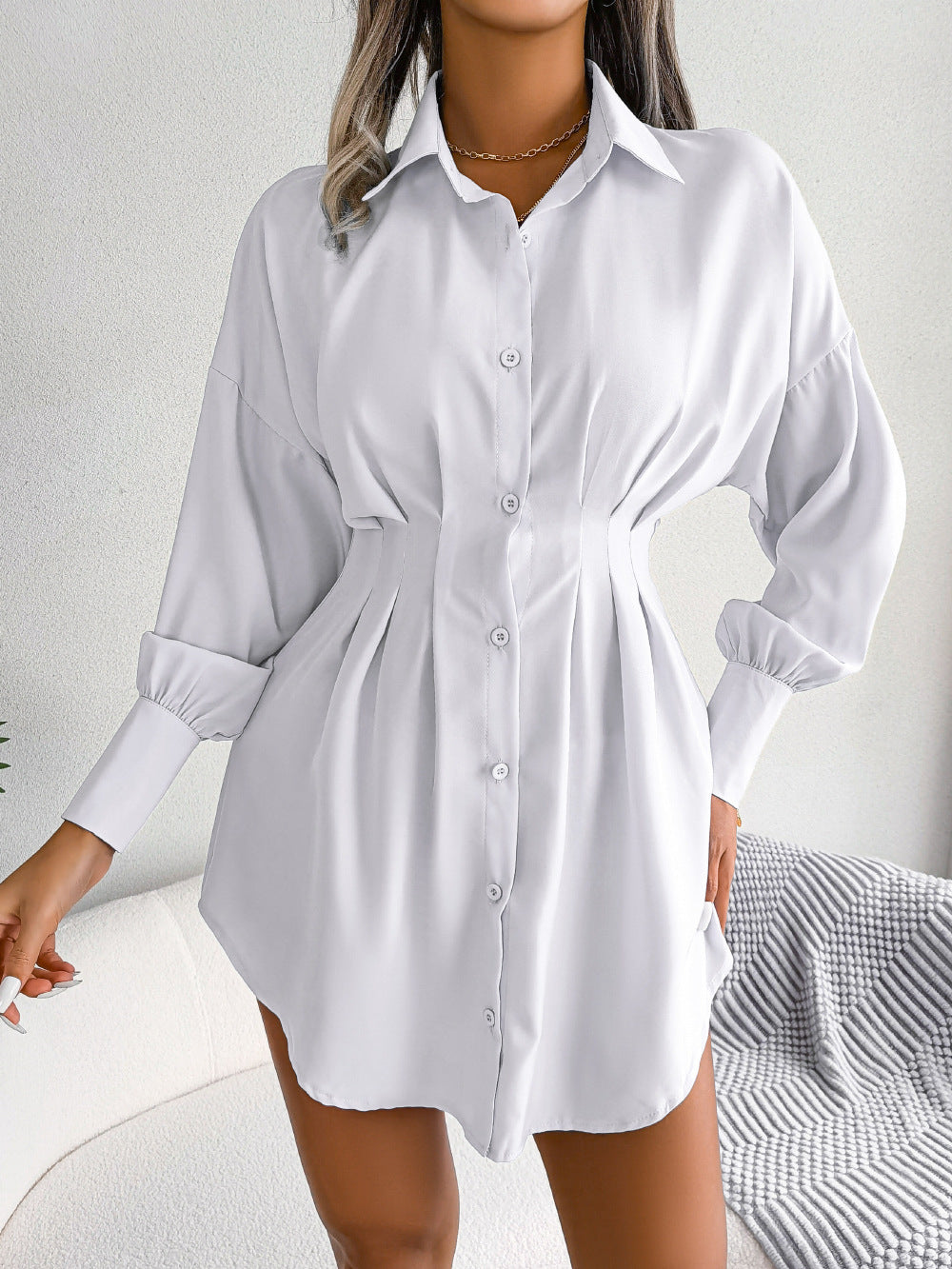 Pleated Waist Shirt Dress With Balloon Sleeves - White - 1