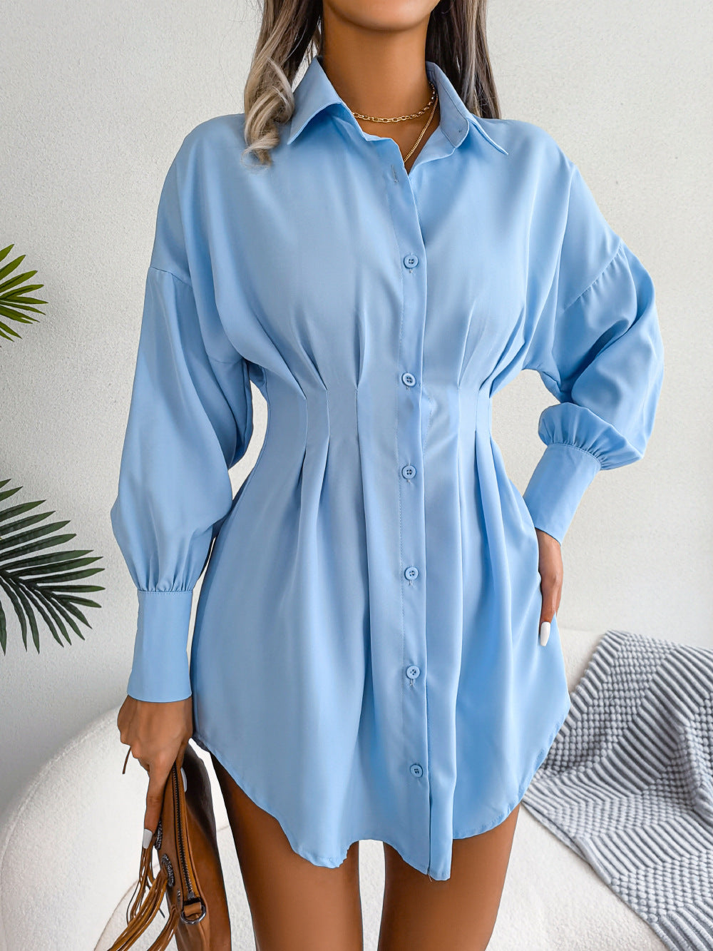 Pleated Waist Shirt Dress With Balloon Sleeves