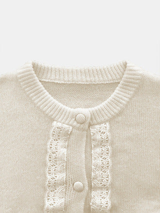 Ivory Lace Trim Button-Up Knit Cardigan - Ivory - 2