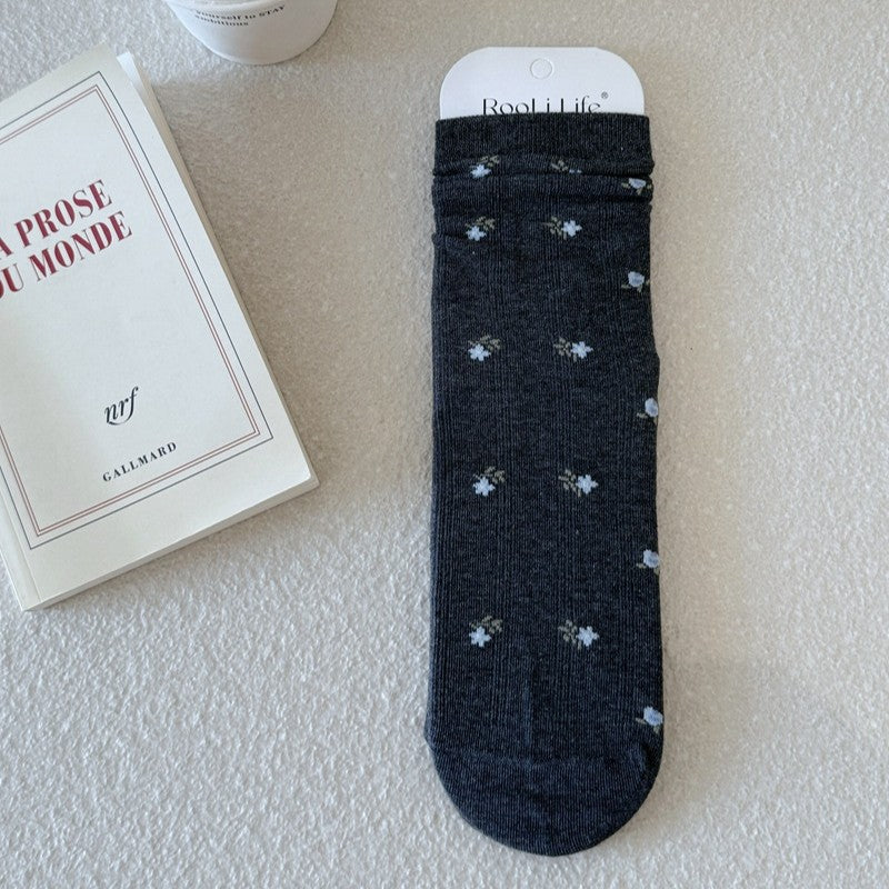 Ditsy Floral Ribbed Crew Socks - Dark-Grey