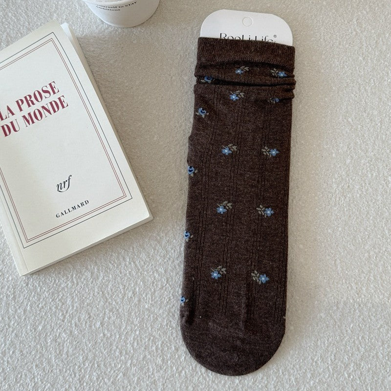 Ditsy Floral Ribbed Crew Socks - Deep-Coffee