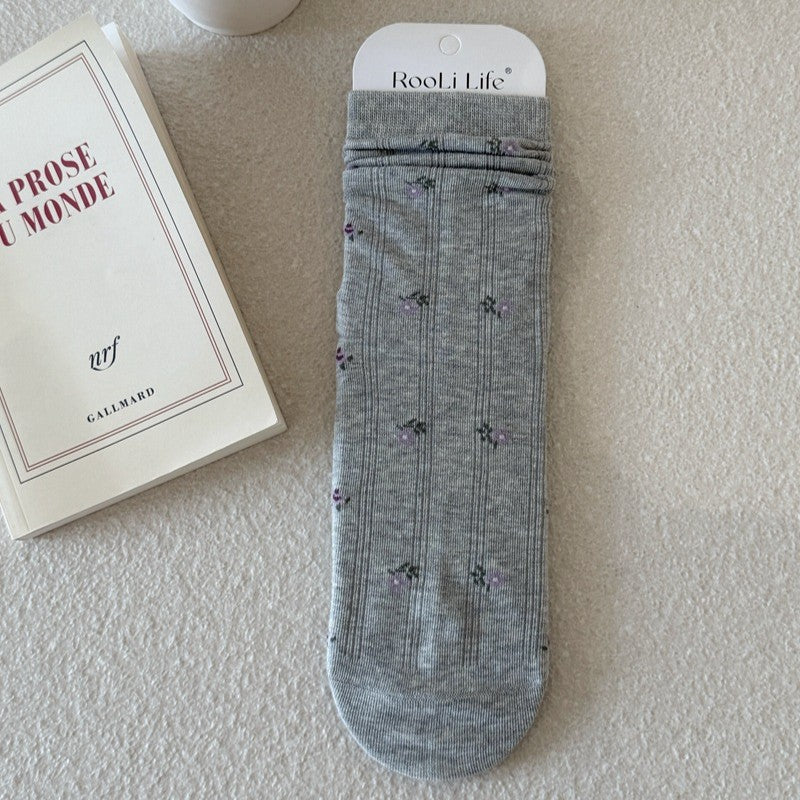 Ditsy Floral Ribbed Crew Socks - Light-Gray