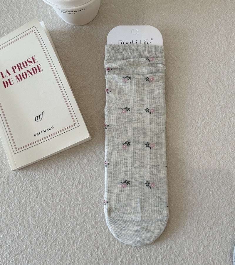Ditsy Floral Ribbed Crew Socks - White-Gray