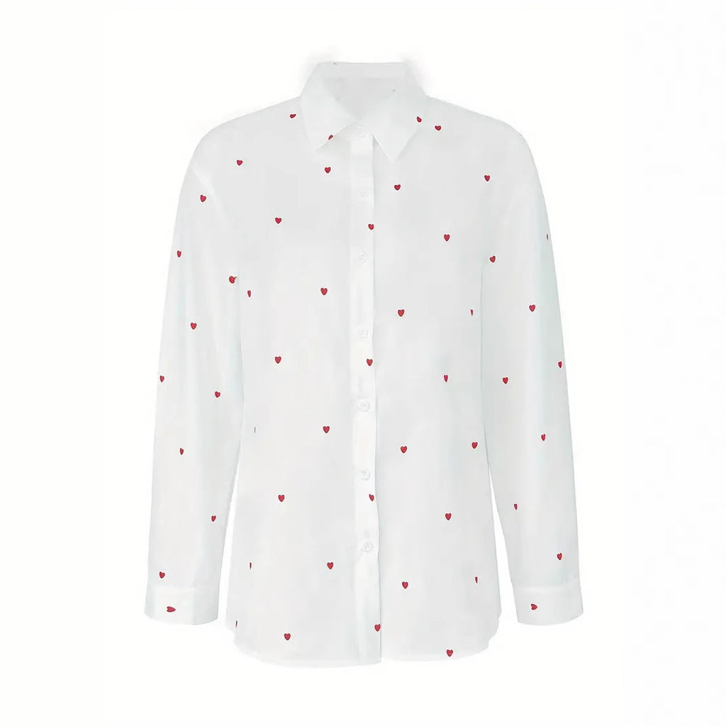 Heart Print Button Up Poplin Shirt - White - 1