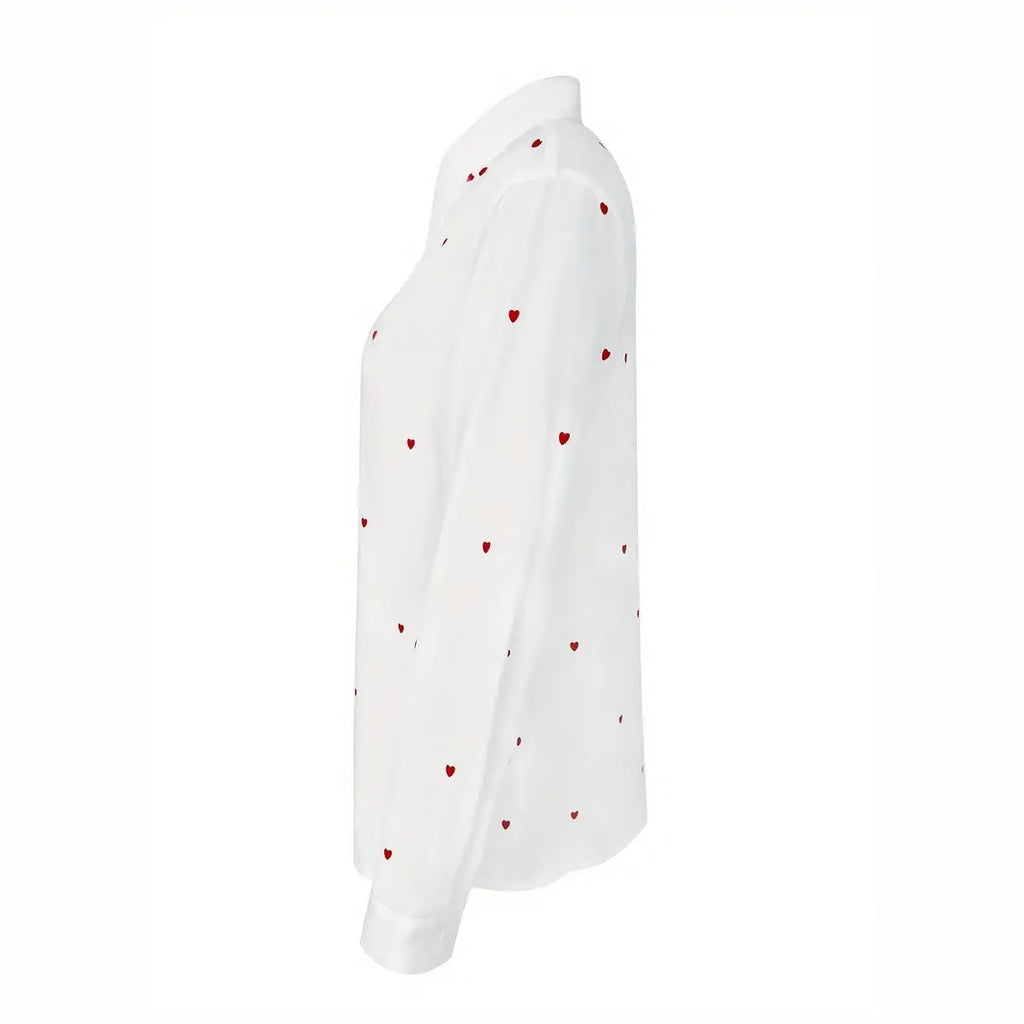 Heart Print Button Up Poplin Shirt - White - 2