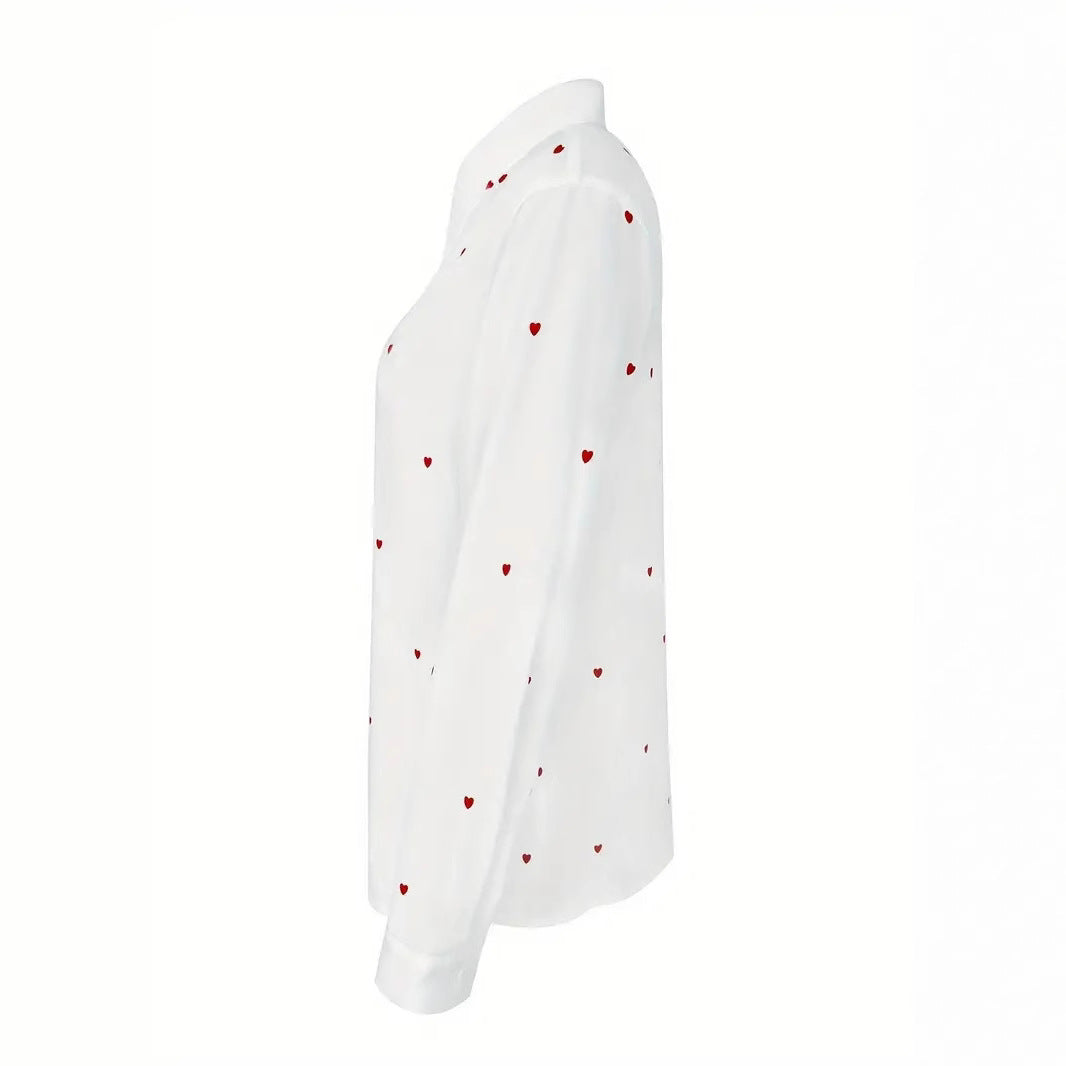 Heart Print Button Up Poplin Shirt - White - 2