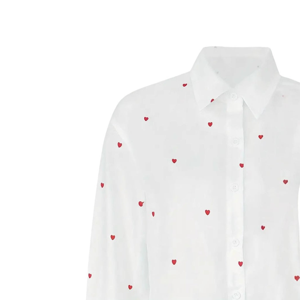 Heart Print Button Up Poplin Shirt - White - 3