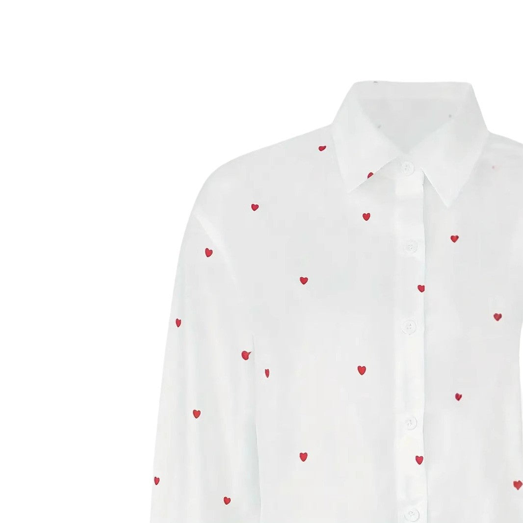 Heart Print Button Up Poplin Shirt - White - 3